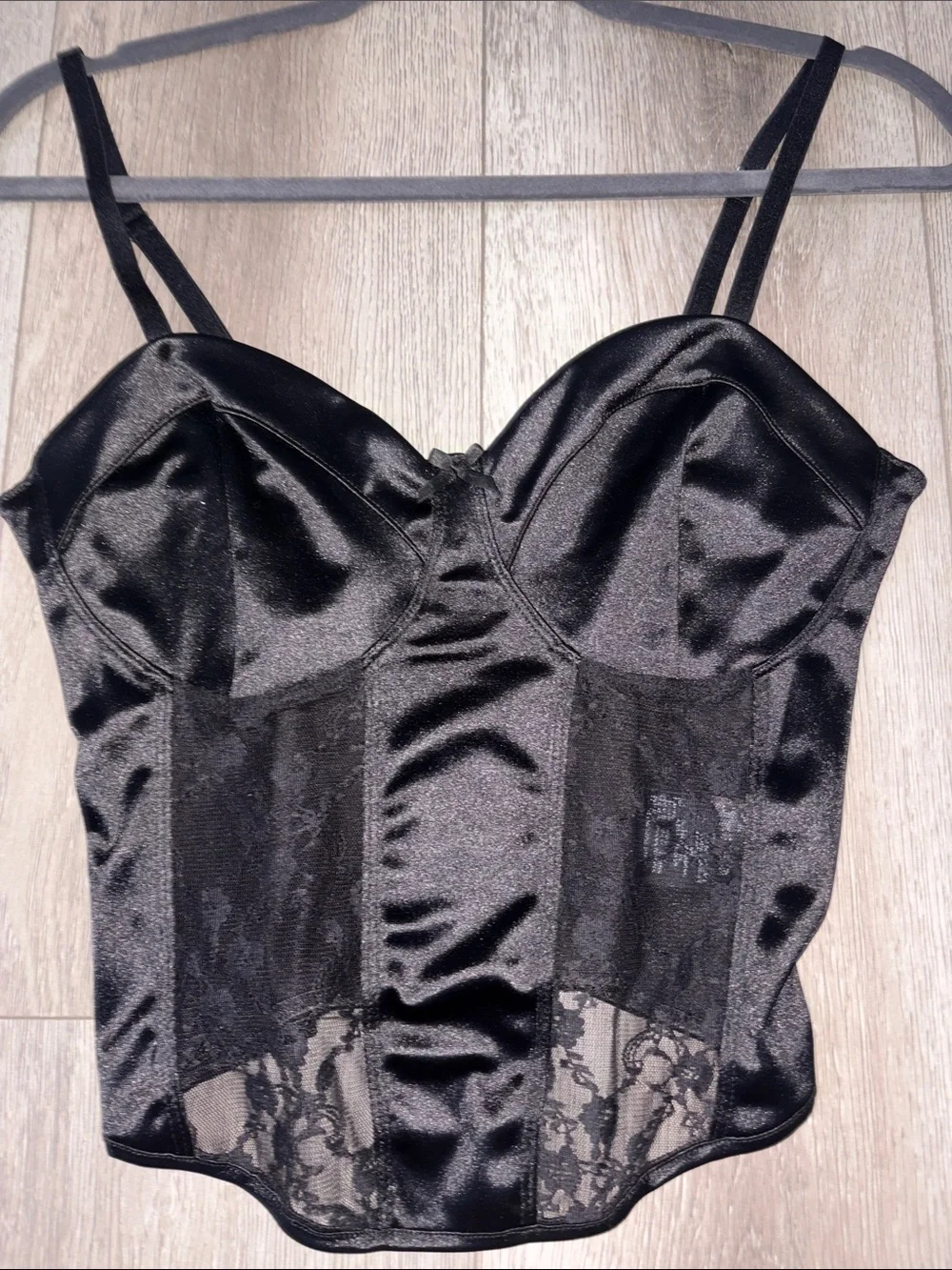 Divided Black Satin Lace Bustier Chemise Top